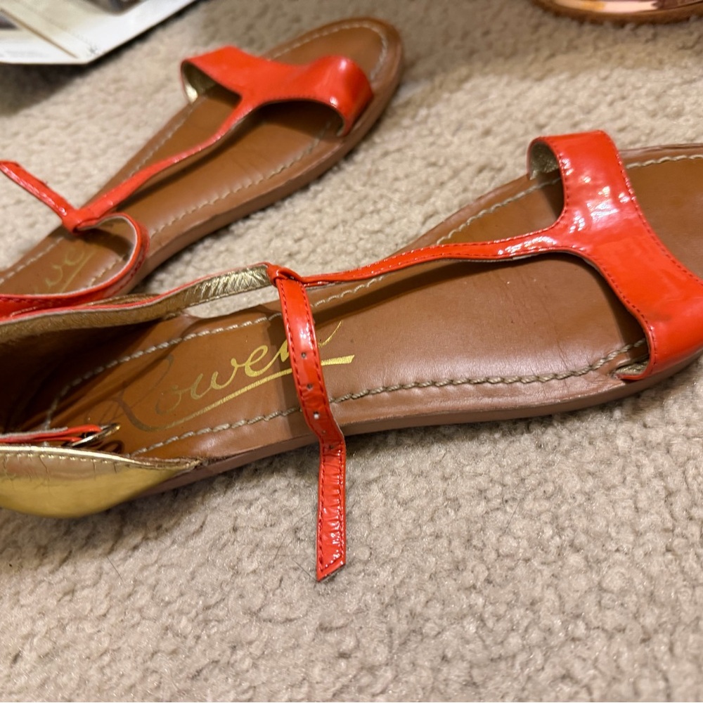 Rowen Orange Patent Leather T-Strap Sandals with Gold Heel